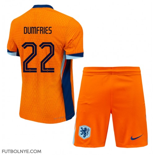 Camiseta Países Bajos Denzel Dumfries #22 Primera Equipación para niños Eurocopa 2024 manga corta (+ pantalones cortos)